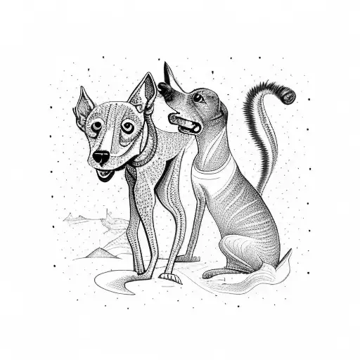 A whimsical illustration of a greyhound and a cat walking side by side on a sandy beach, with waves crashing in the background tattoo design idea