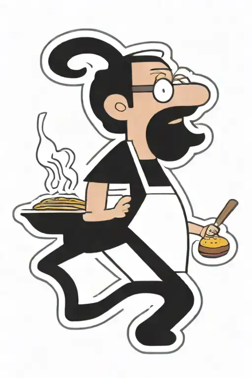 A portrait of Bob Belcher cooking burgers with a playful and cartoonish style tattoo design idea