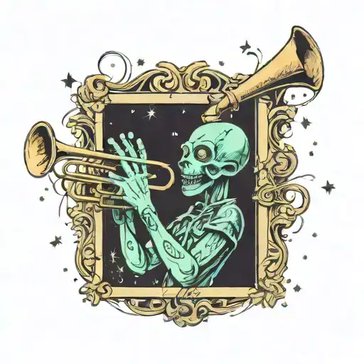 A jazz-themed tattoo featuring an alien playing a trumpet under a starry sky tattoo design idea
