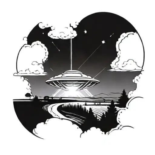A futuristic UFO beam shining down on a serene farm landscape tattoo design idea