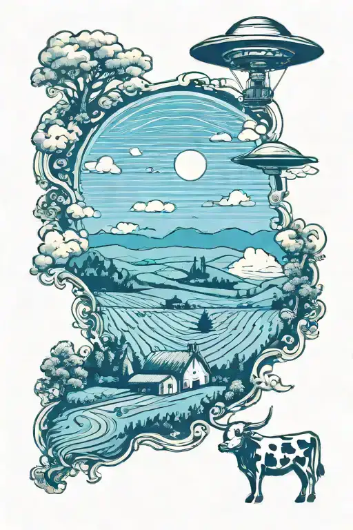 A tattoo of a farm landscape with a UFO hovering above beamin up a cow tattoo design idea