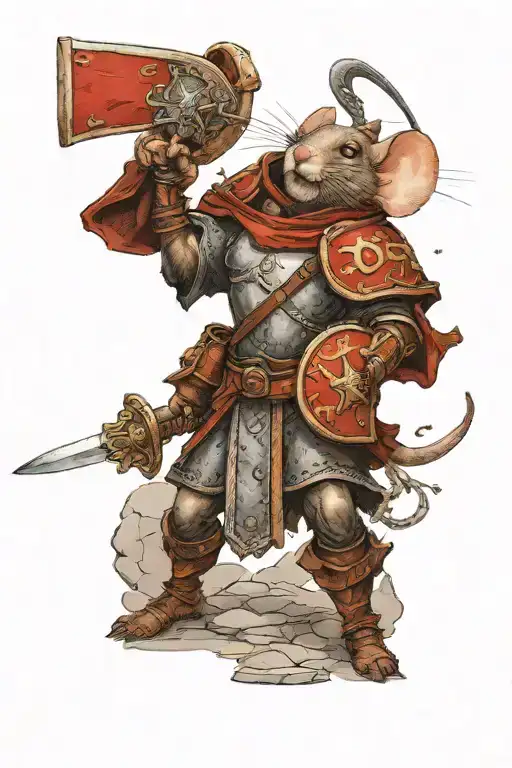 Mouse warrior wielding a sword and shield in battle tattoo design idea