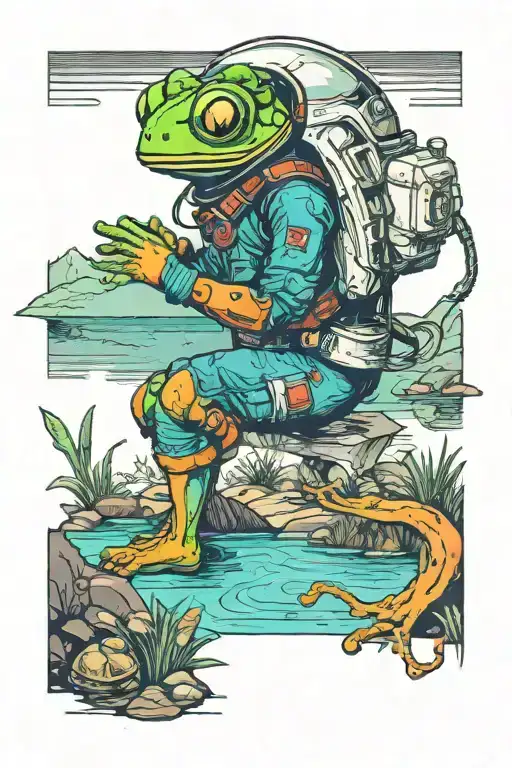 An astronaut frog with a helmet exploring an alien planet landscape with a lake and small glowing flora tattoo design idea