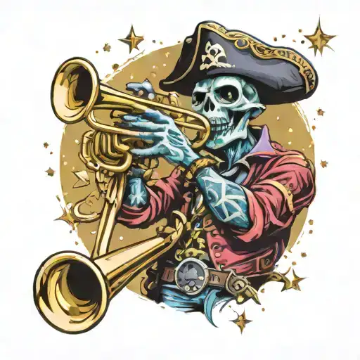 A jazz-themed tattoo featuring a pirate alien playing a trumpet under a starry sky tattoo design idea