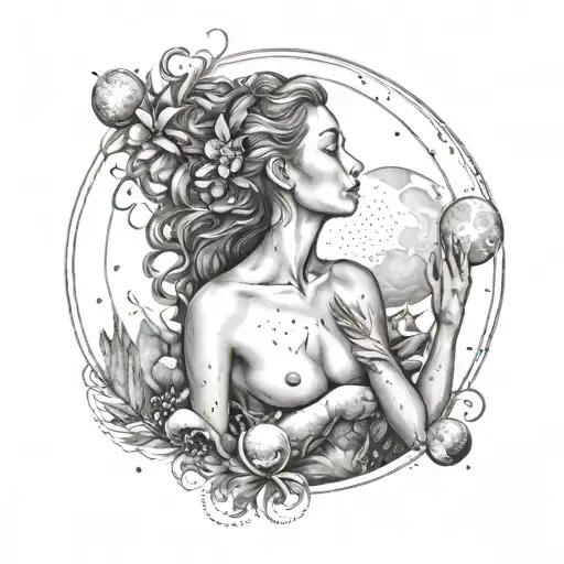 A mystical and dreamy scene of a nude woman surrounded by cosmic elements tattoo design idea