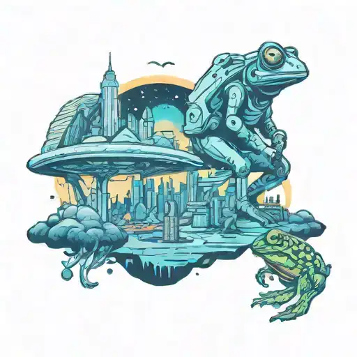A futuristic cityscape on an alien planet with a frog astronaut overlooking the skyline, combining elements of sci-fi and fantasy tattoo design idea