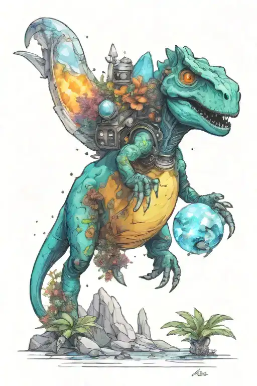 A small astronaut Dino exploring an alien planet landscape with towering crystal formations and small glowing flora tattoo design idea