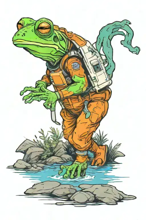 An astronaut frog with a helmet exploring an alien planet landscape with a lake and small glowing flora tattoo design idea