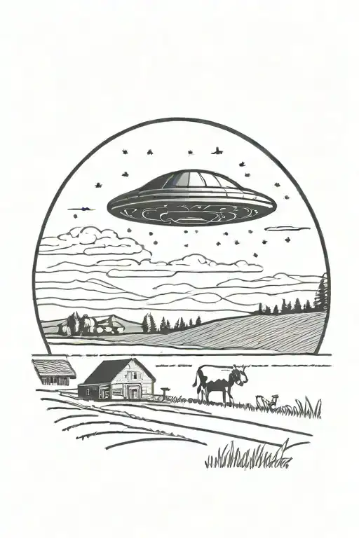 A UFO hovering over a farm at night, with mysterious lights beaming down onto a field of cows tattoo design idea