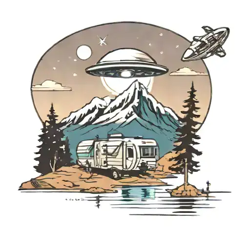 A camper gazing up at a UFO in the night sky over a mountain lake tattoo design idea