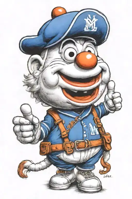 A realistic portrait of Mr. Met wearing a baseball cap and giving a thumbs up gesture tattoo design idea