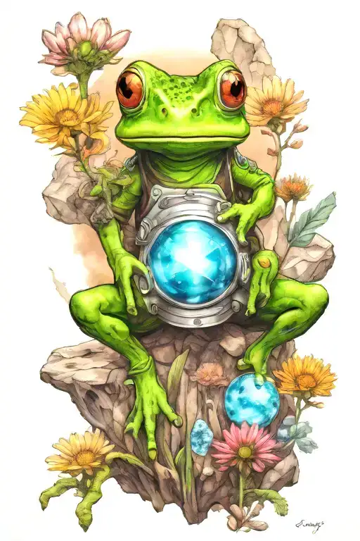 An astronaut frog exploring an alien planet landscape with towering crystal formations and small glowing flora tattoo design idea