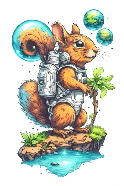 An small astronaut squirrel exploring an alien planet landscape with a neon lake, crystal and small glowing flora tattoo design idea