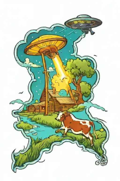 A tattoo of a UFO abduction beam shining down on a cow in a farm field at night tattoo design idea