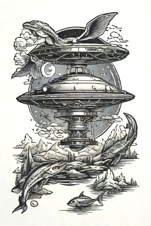 A UFO abducting a fish from a mountain lake scene tattoo design idea