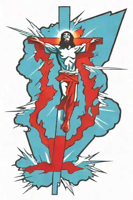 Jesus on the cross with light beams shining down and the Holy Spirit in the background tattoo design idea