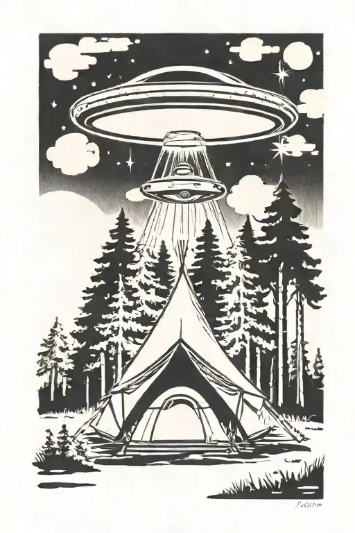 A UFO abducting a tent in the woods tattoo design idea