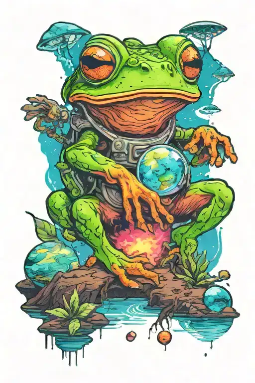 An small astronaut frog exploring an alien planet landscape with a neon lake, crystal and small glowing flora tattoo design idea
