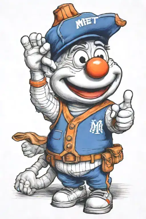 A realistic portrait of Mr. Met wearing a baseball cap and giving a thumbs up gesture tattoo design idea