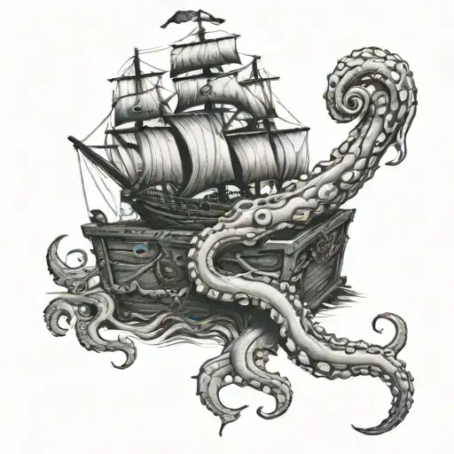 A kraken guarding a chest of ancient pirate treasure tattoo design idea