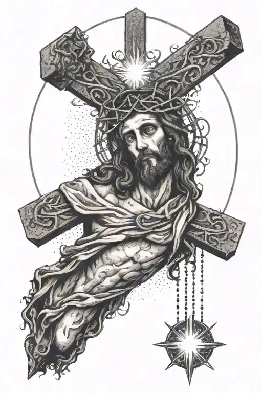 An artistic representation of Jesus on the cross with an eclipse in the background tattoo design idea