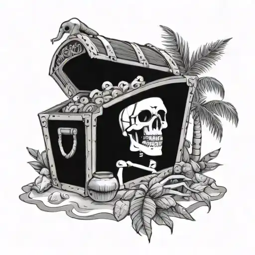 A skeleton pirate guarding a treasure chest on a tropical island tattoo design idea