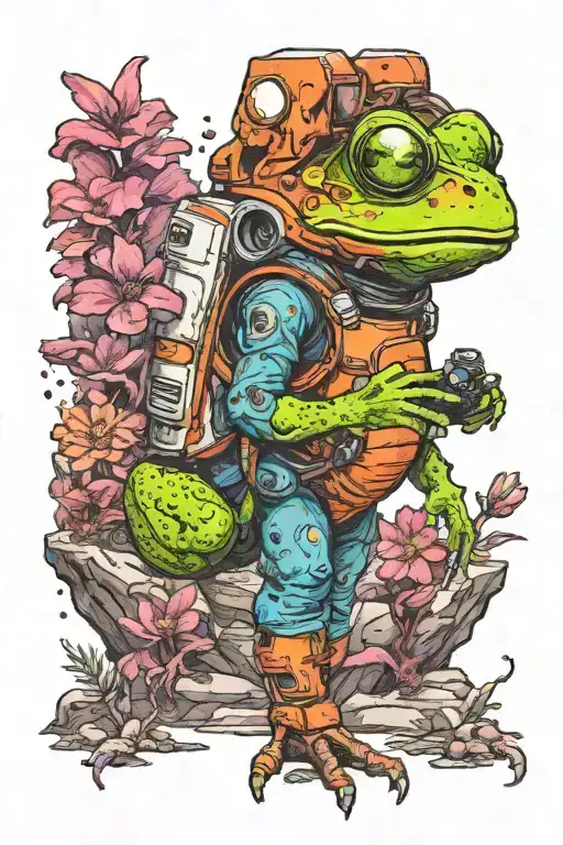 An astronaut frog exploring an alien planet landscape with towering crystal formations and glowing flora tattoo design idea
