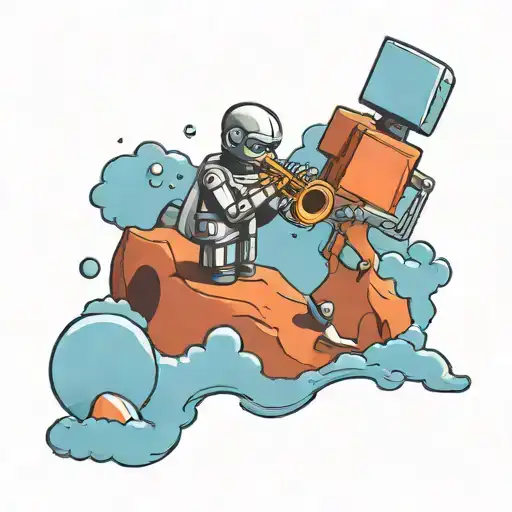 Create a black-grey tattoo of a robot playing a saxophone on an alien planet landscape tattoo design idea