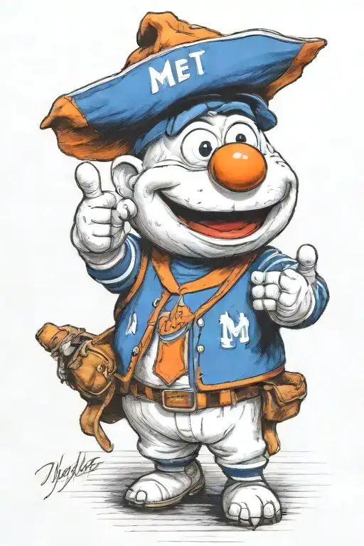 A realistic portrait of Mr. Met wearing a baseball cap and giving a thumbs up gesture tattoo design idea