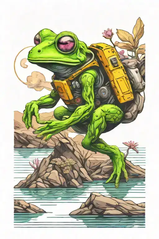 An astronaut frog exploring an alien planet landscape with a neon lake, tall crystal structures and small glowing flora tattoo design idea