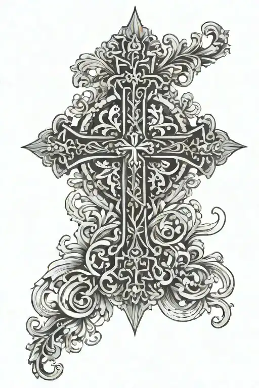 An ornate and detailed cross design with elements of traditional Catholic iconography tattoo design idea
