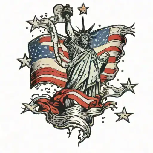 A tattoo of the Statue of Liberty shedding tears made of stars and stripes tattoo design idea