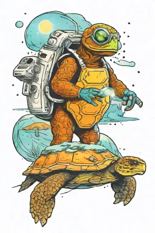 An small astronaut turtle exploring an alien planet landscape with a lake and small glowing flora tattoo design idea