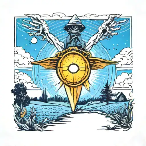 A neotraditional tattoo of an alien abduction beam shining down on a scarecrow in a farm field tattoo design idea