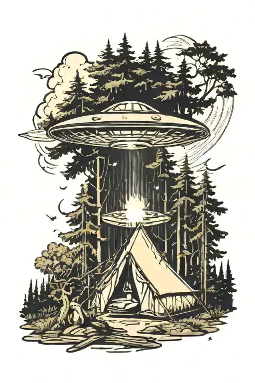 A UFO abducting a tent in the woods tattoo design idea