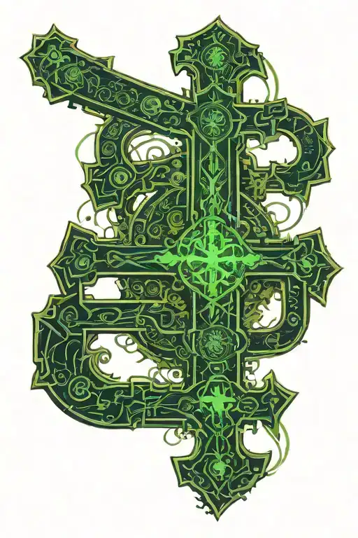 A cross made up of traditional Irish symbols and imagery, with a subtle map of Ireland hidden within the design tattoo design idea