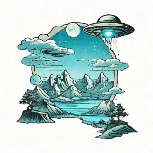 UFO abducting over a mountain landscape tattoo design idea