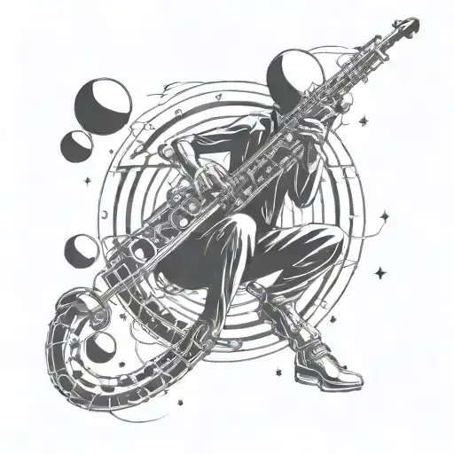 A futuristic alien saxophonist floating in zero gravity with planets as musical notes tattoo design idea
