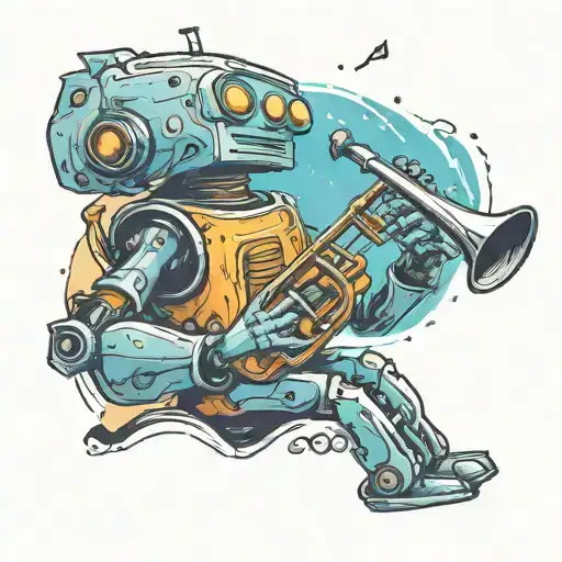 Create a tattoo of a robot playing a trumpet  on an alien planet landscape tattoo design idea