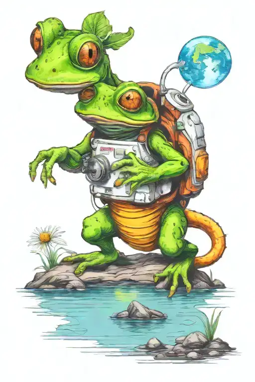 An astronaut frog with a helmet exploring an alien planet landscape with a lake and small glowing flora tattoo design idea