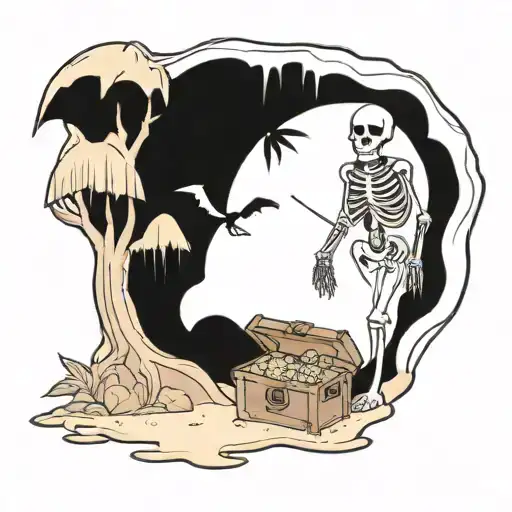 A skeleton pirate guarding a treasure chest on a tropical island tattoo design idea