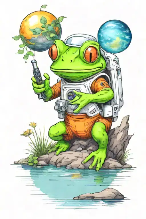 An astronaut frog with a helmet exploring an alien planet landscape with a lake and small glowing flora tattoo design idea