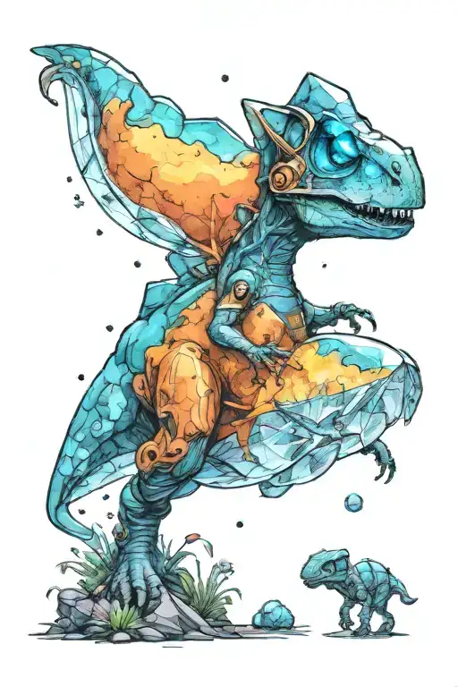 A small astronaut Dino exploring an alien planet landscape with towering crystal formations and small glowing flora tattoo design idea