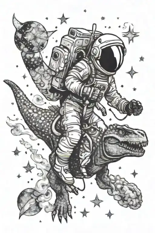 Astronaut riding a dinosaur through a starry nebula tattoo design idea