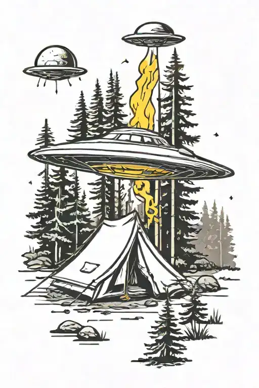 A UFO abducting a tent in the woods tattoo design idea