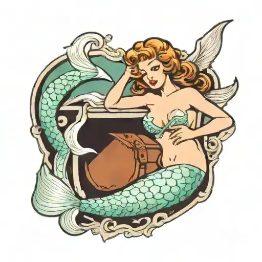 nude mermaid treasure chest tattoo design idea