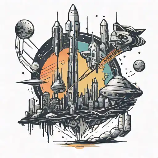 A futuristic cityscape on a distant planet with rockets taking off in the background tattoo design idea