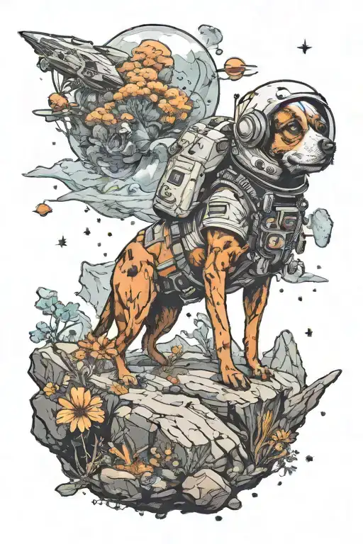A small astronaut dog exploring an alien planet landscape with towering crystal formations and small glowing flora tattoo design idea