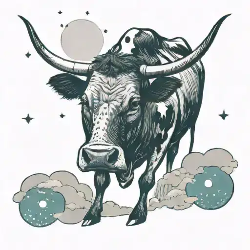 A cow peacefully grazing under a mysterious UFO beam in a dotwork style tattoo design idea