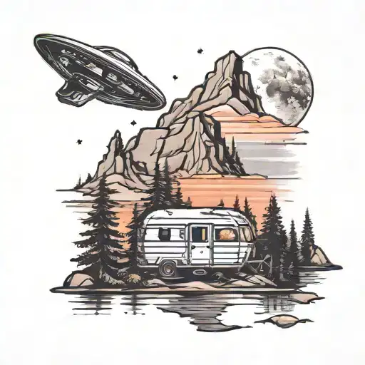 A camper gazing up at a UFO in the night sky over a mountain lake tattoo design idea